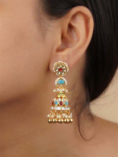 Multicolor Gold Plated Jadau Kundan Earrings - ME824MD – Mortantra