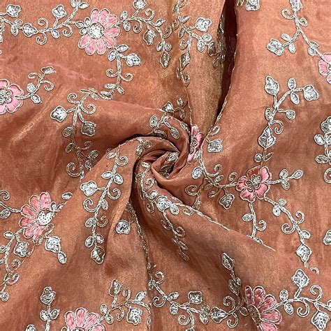 Buy Classic Orange Floral Zari Embroidery Tissue Organza Fabric Online ...
