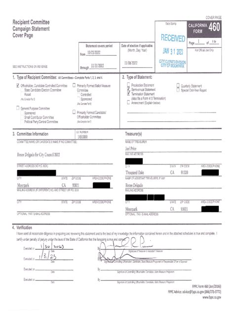 Fillable Online Form 460 Campaign Statement for Renee Delgado - 10/23 ...