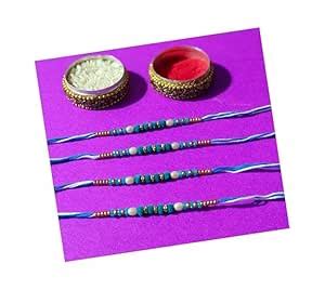 Buy JAGMOOLYA PRODUCTS White & Sky Blue Stone Thread Designer Rakhi ...