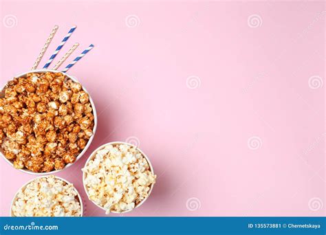 Different Kinds of Popcorn on Color Background, Top View. Stock Image ...