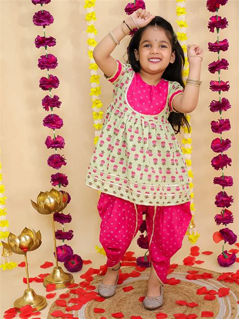 BownBee Floral Short Sleeves Kurti With Dhoti Set For Girls