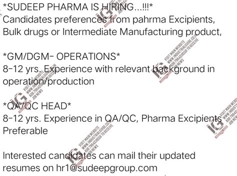 Sudeep Pharma jobs for Production Quality Control Quality Assurance ...