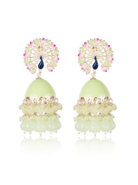 Priyaasi Green Crystal Peacock Shaped Meenakari Jhumka Earrings