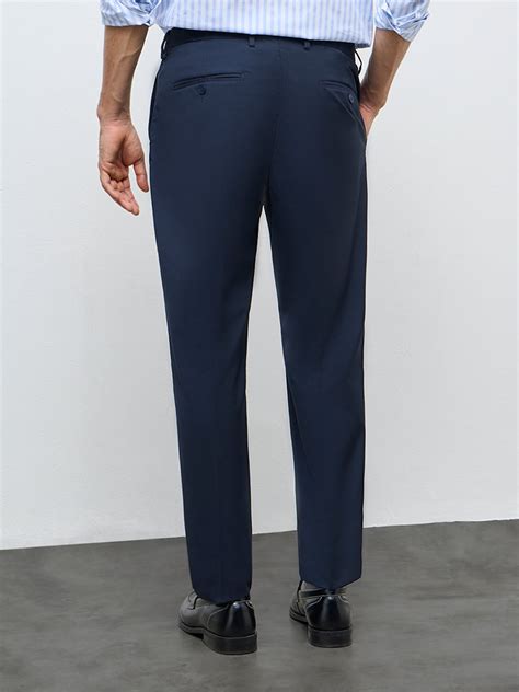 Buy WES Formals Navy Solid Mid-Rise Slim-Fit Trousers from Westside