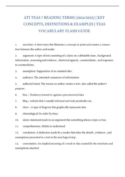 ATI TEAS 7 Reading Terms (2024/2025) | Key Concepts, Definitions ...