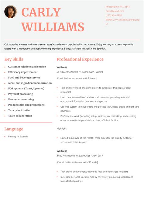 Waitress Description Waiter/Waitress Resume Example & Writing Tips
