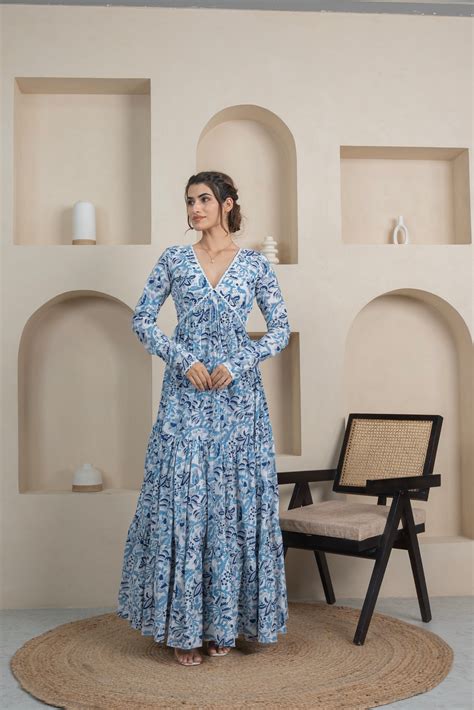 Blue Floral Aaliya Long Tier Dress – Kajodi