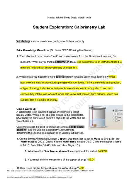 GIZMO: Student Exploration: Calorimetry Lab - Answer key - Scholarfriends