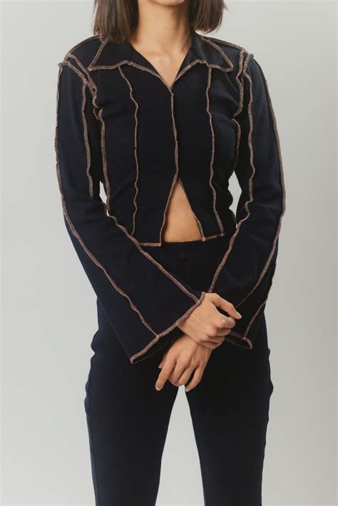 Navy Blue Rib Cardigan Top | Casual Wear Knitted Fabric – Nolabels
