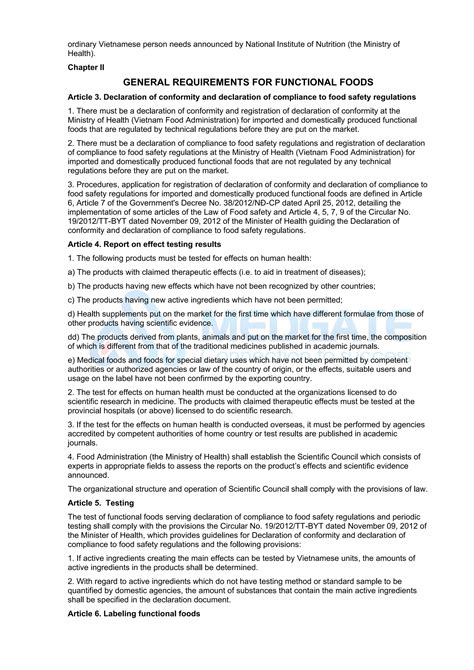 Circular 43/2014/TT-BYT: REGULATING THE MANAGEMENT OF FUNCTIONAL FOODS ...