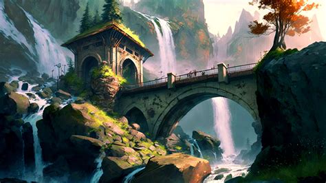 Download wallpaper 1920x1080 bridge, tower, arch, waterfalls, art full ...