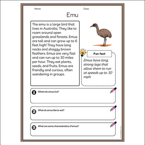 Emu | Reading Passage Comprehension Questions Writing Facts Worksheet ...