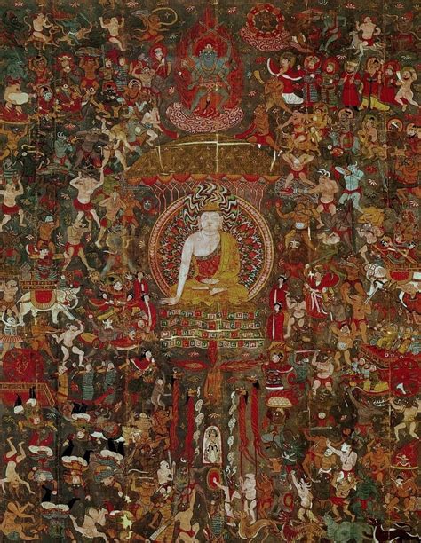 Silk banner depicting the temptation of The Buddha by the demon Mara ...