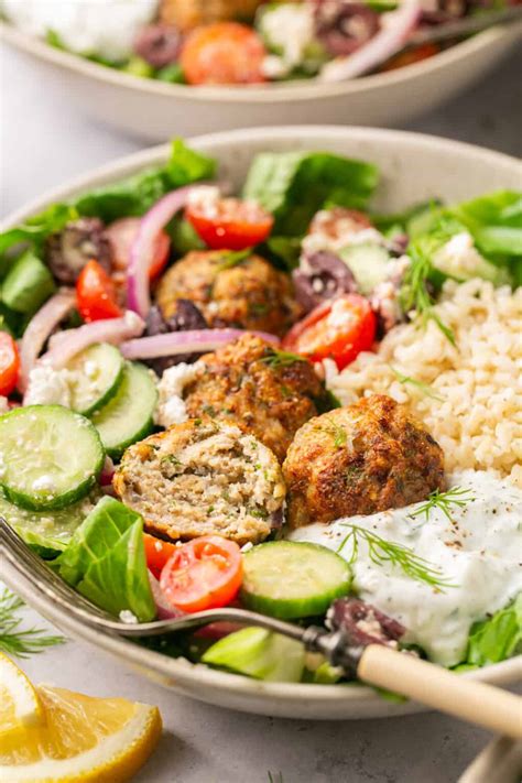 Mediterranean Chicken Meatball Bowls with Tzatziki - Oh Snap Macros