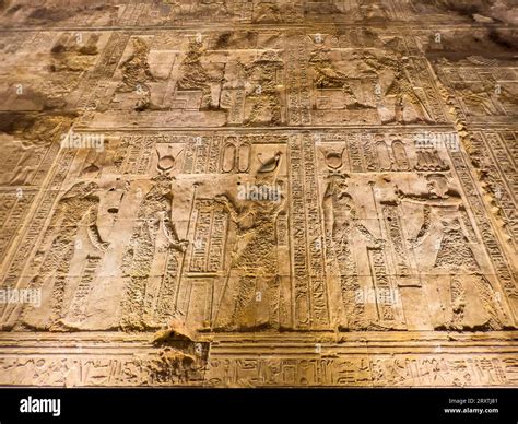 Interior view of the reliefs inside the Temple of Hathor, Dendera ...