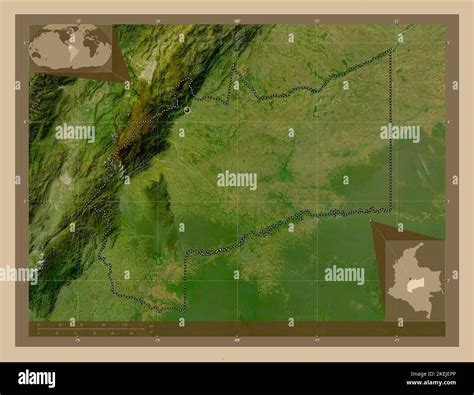 Meta, department of Colombia. Low resolution satellite map. Corner auxiliary location maps Stock ...