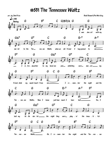 Tennessee Waltz (arr. John Fries) by Patti Page Sheet Music for Piano ...