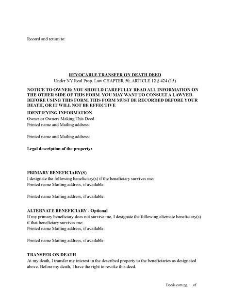 Monroe County Transfer on Death Deed Form | New York | Deeds.com