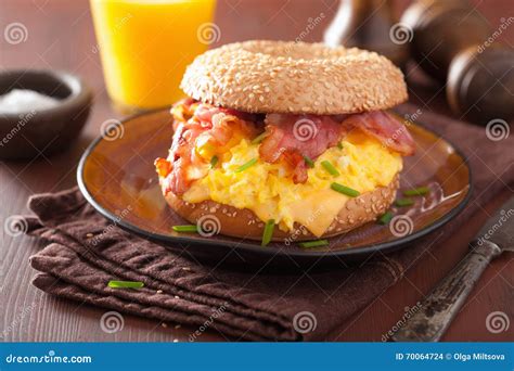 Breakfast Sandwich on Bagel with Egg Bacon Cheese Stock Photo - Image ...