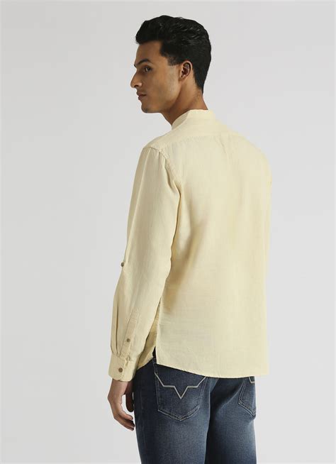 Beige Solid Mandarin Collar Long Sleeve Kurta Placket | Pepe Jeans India