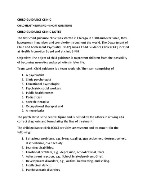 CHILD GUIDANCE CLINIC - CHILD GUIDANCE CLINIC CHILD HEALTH NURSING ...