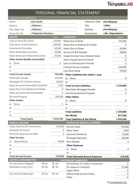 Image result for Personal Financial Statement Format