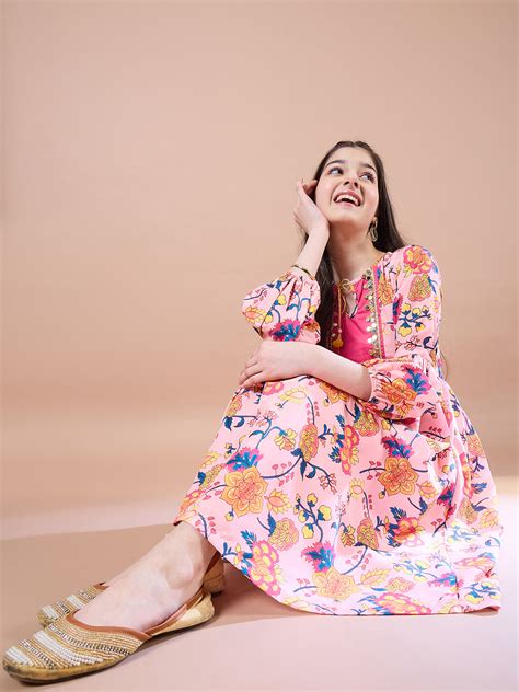 Buy floral print Round neck Bell Sleeve Dress