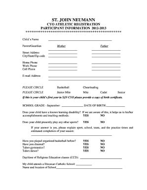 Fillable Online sjnnh CYO ATHLETIC REGISTRATION PARTICIPANT INFORMATION ...