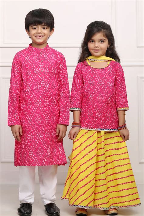 Colorful Fuschia Jaipuri Kurta and Yellow Bandhani Lehenga Family Set