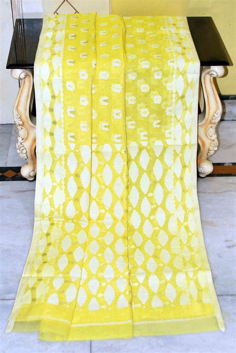 Self Woven Nakshi Work Cotton Muslin Jamdani Saree in Yellow, Off Whit ...