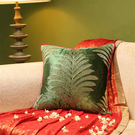 Green Velvet cushion cover with Zari Embroidery - Square – Revive Home