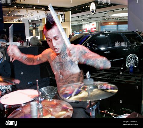 Blink182 drummer Travis Barker hammers away on his drum kit during the ...