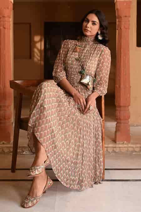 Buy Multi Color Chiffon Turtle Neck Peacock Feather Print Midi Dress ...