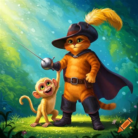 Puss in Boots, a sword-wielding cat, stands with a smiling monkey in a ...