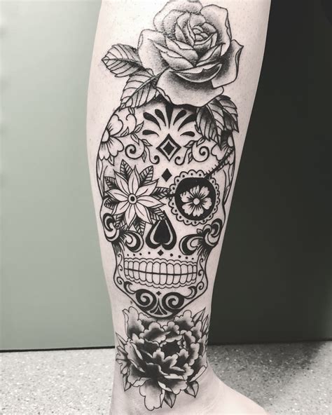 Sugar skull tattoo with rose and peony | Sugar skull tattoos, Skull ...