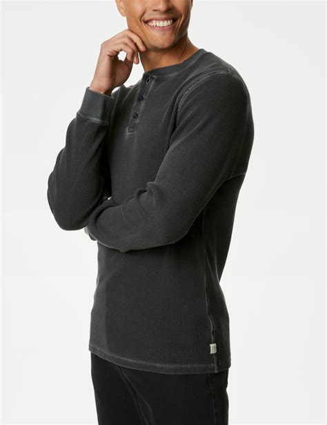 Pure Cotton Waffle Henley Long Sleeve Top | M&S Collection | M&S