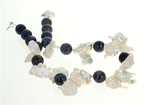 AJD Dramatic Real Natural Blue Tiger Eye and Real White Keshi Pearls ...