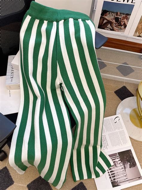 Striped Woolen Wide Elastic Waist Leg Pants - Winter