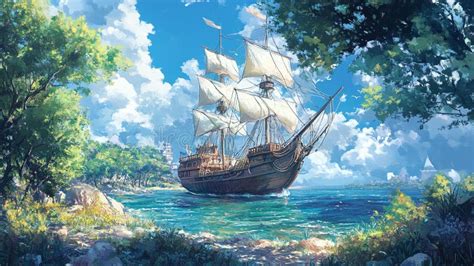 An Anime Pirate Ship Sailing through a Magical Ocean. Stock ...