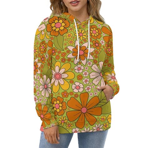 1960S 1970S Retro Floral In Green Pink & Orange-Flower Power Hooded ...
