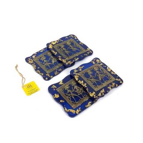 Handcrafted Brass and Resin Square Blue Translucent Coasters, 4 inch ...