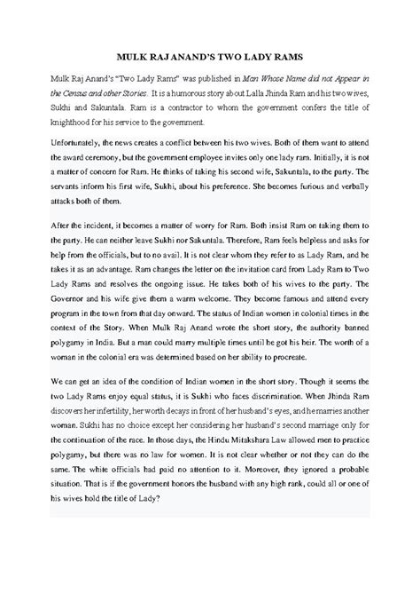 MULK RAJ ANAND'S TWO LADY RAMS: A Study of Colonialism and Gender - Studocu