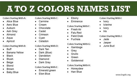 Colors Starting With A To Z, All Colors Names List - EngDic