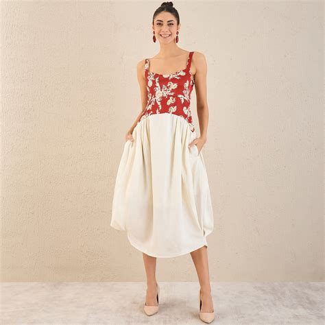 Off-White and Red Baroque Print Linen Midi Dress – First Resort by ...