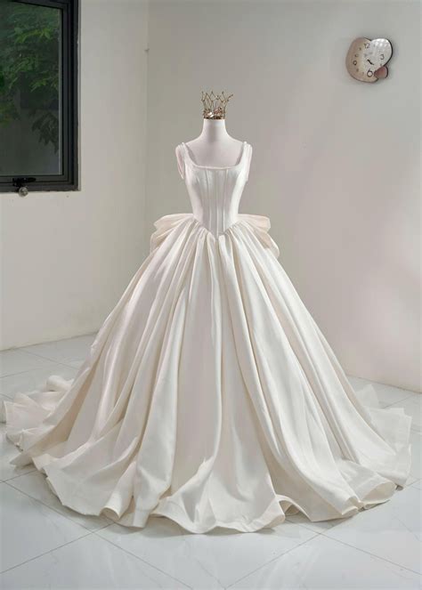 Elegant Mikado Ball Gown Wedding Dress – Wide Strap Sleeveless With Square Neckline, Simple ...