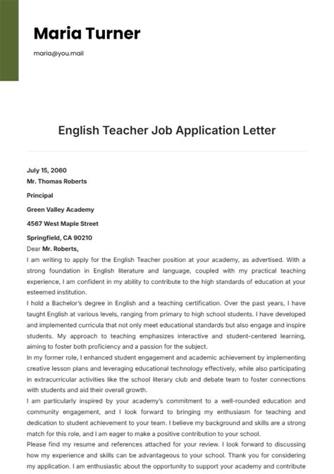 Free English Teacher Job Application Letter Template to Edit Online