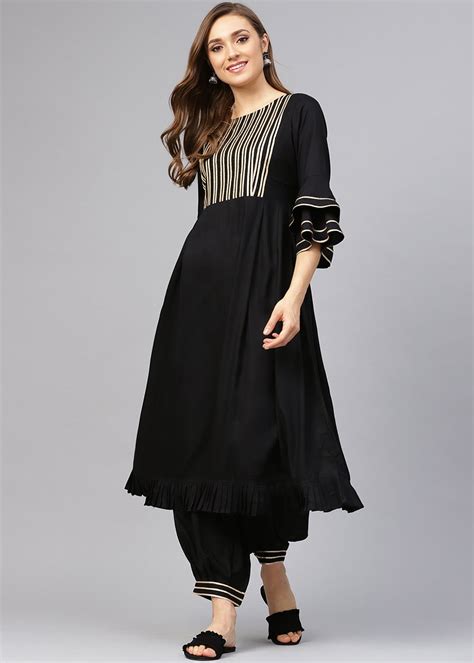 Get Gota Patti Detail Black Ruffled Kurta With Cuffed Pants Set at ...