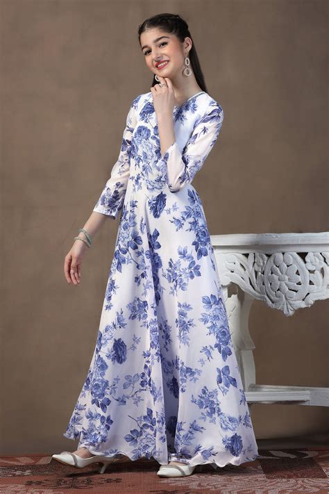 Girls White Georgette Floral Printed Fit & Flare Maxi length Dress