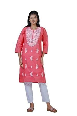 Buy TABARRUK Lucknowi Cotton Chikan Kurti for Women(016) (42) Orange at ...